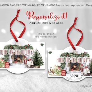 Op de afbeelding: Een wit sublimatielint voor een ornament met een rood lint. Het ornament heeft een aquarelillustratie van een open haard met een kerstboom en de tekst "Home for the Holidays". Het ornament heeft ook ruimte voor personalisatie met de tekst "Add City, State & Zip Code".