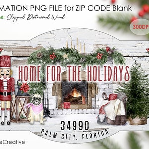 Home For The Holidays | Sitting PUG with Pink Bandana  | PNG for Sublimation | Zip Code Blank | Chipped Wood Background