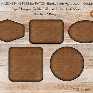 Könnte beinhalten: Fünf digitale Designs von braunen Leder-Patches mit abgenutzten Kanten. Die Patches haben die Form eines Sechsecks, Quadrats, Ovals, Rechtecks und Kreises. Die Designs sind 300 DPI und für den Sublimationsdruck geeignet.