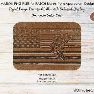 Pode incluir: Um design de patch de couro marrom desgastado com uma bandeira americana com um peixe saltando para fora da água. O design é de 300 DPI e é para impressão por sublimação.