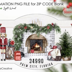 May include: A sublimation PNG file for a zip code blank with a Christmas theme. The design features a fireplace with a lit fire, a nutcracker, a small Christmas tree, and a wreath with red berries. The text "34990 PALM CITY, FLORIDA" is at the bottom of the design.