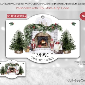 Op de afbeelding: Een wit sublimatie-blanco ornament met een aquarel-illustratie van een open haard met een kerstkrans, twee kleine dennenbomen en twee notenkrakers. De tekst "34990 PALM CITY, FLORIDA" is onder de open haard gedrukt.
