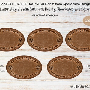 Könnte beinhalten: Fünf Sublimationsdesigns für Patch-Rohlinge mit einem abgenutzten Leder-Look zum Thema Radiologie. Jedes Design enthält eine andere radiologische Spezialität mit einem passenden Slogan. Die Designs sind "Radiologic Technologist I See Right Through You", "Mammography Technologist I'm Here For All The Girls", "MRI Technologist You Really Resonate With Me", "CT Technologist I Slice And Dice All Day", und "Ultrasound Technologist Catching Waves For A Living".