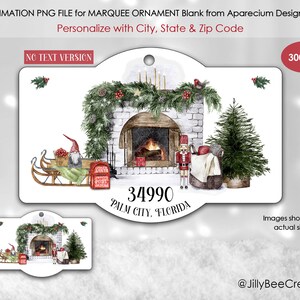 May include: A sublimation PNG file for a Christmas ornament featuring a fireplace with a wreath, a gnome on a sled, a nutcracker, and a Christmas tree. The ornament is personalized with the text "34990 PALM CITY, FLORIDA".