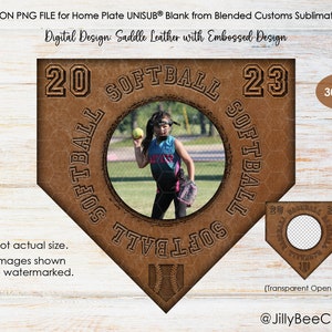 DIGITAAL ONTWERP | Softbal Home Plate Blank, alleen voor sublimatie | Verouderd leer met reliëftekst softbal | PNG-bestand voor sublimatie