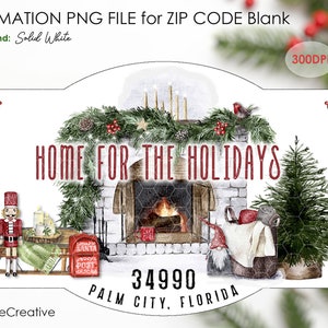 Op de afbeelding: Een sublimatieontwerp met een open haard met een brandend vuur, een kerstboom, een notenkraker, een slee en een kabouter. De tekst "HOME FOR THE HOLIDAYS" staat boven de open haard. De tekst "34990 PALM CITY, FLORIDA" staat onder de open haard.
