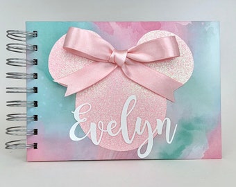Disney Autograph Book Minnie Mouse Watercolor Pink Glitter Pink Satin Bow Disney World Disneyland Disney Cruise Personalized