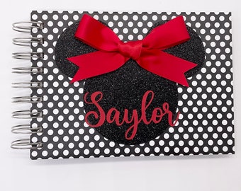 Personalized Disney Autograph Book, Black Glitter Minnie Mouse, Red Satin Bow, Signature Book, Photo Album, Memory Book