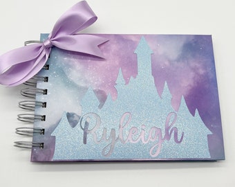 Disney Autograph Book, Blue Glitter Castle on Watercolor, Princess Castle, Personalized  Signature Book, Disney World, Disneyland