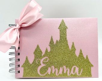 Disney Autograph Book, Rose Gold with Gold Glitter Castle, Princess Castle, Personalized Signature Book, Disney World, Disneyland