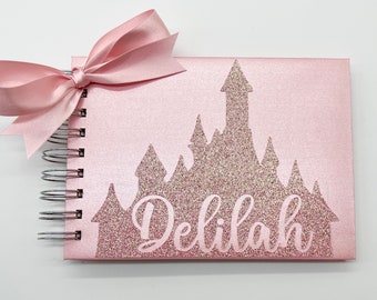 Disney Autograph Book Rose Gold Glitter Disney Princess Castle Personalized Shimmer Pink Signature Book Disney World Disneyland