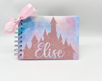 Disney Autograph Book, Rose Gold Glitter Castle on Watercolor, Princess Castle, Personalized Signature Book, Disney World, Disneyland