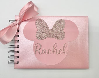 Personalized Autograph Book Disney Minnie Mouse Rose Gold Glitter Bow and Name on Shimmer Pink Disney World Disneyland Disney Cruise