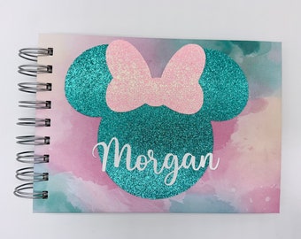 Personalized Disney Autograph Book Custom Minnie Mouse Aqua Teal Glitter Pink Glitter Bow Disney World Disneyland Disney Cruise