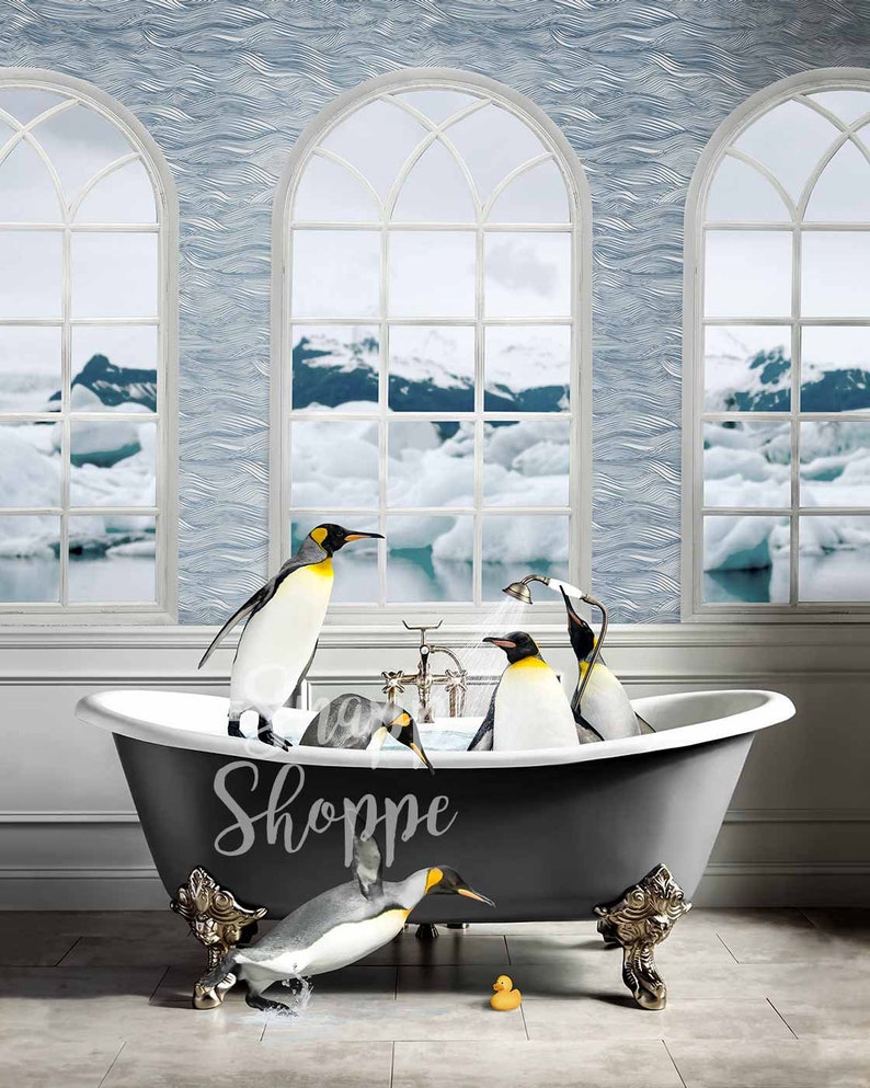 Penguin Animal in Bathroom Bath Tub Art Print Etsy