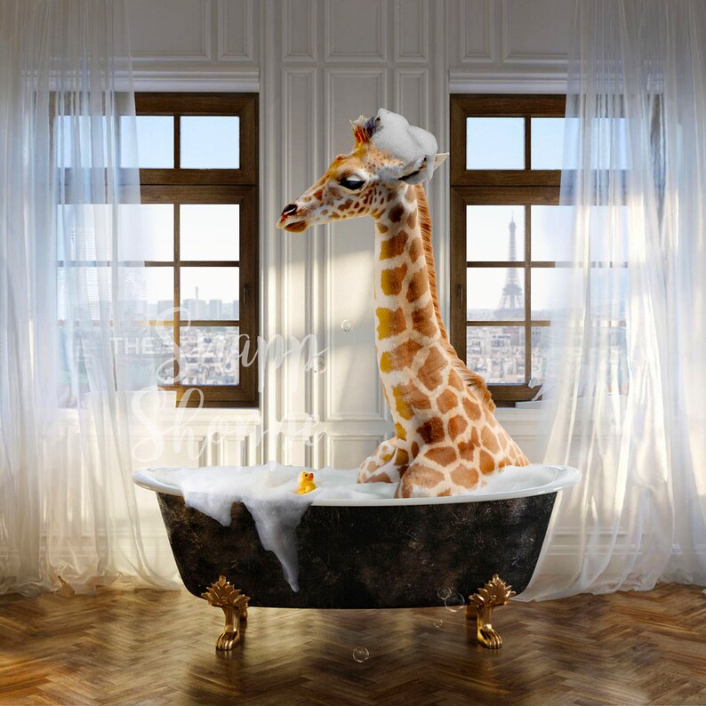 Giraffe Animal in Bathroom Bath Tub Art Print Color Etsy