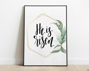 He is Risen | Hand-lettered Easter print | 8x10 5x7 | Resurrection Sunday | Easter decor | Spring floral wall art | Printable art PDF