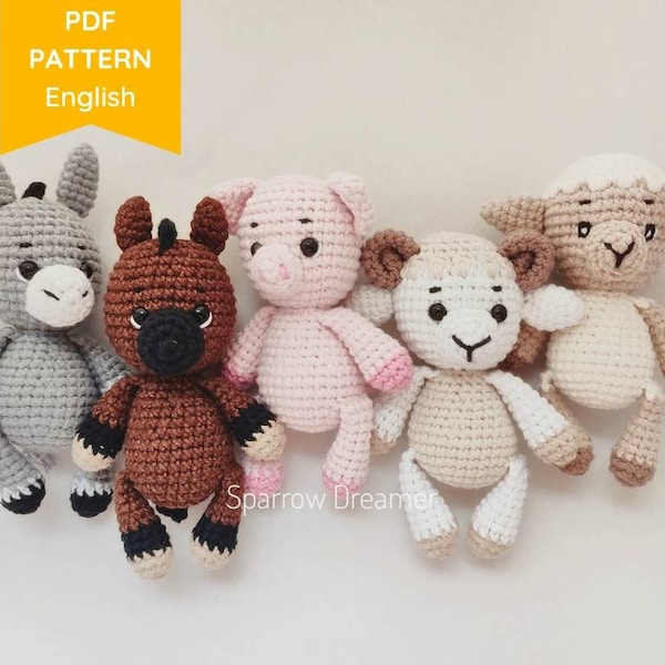 Amigurumi PATTERNS Mini farm animals Bundle 4-in-1 in English Amigurumi dog Crochet cat Crochet mouse Amigurumi cow PDF tutorial