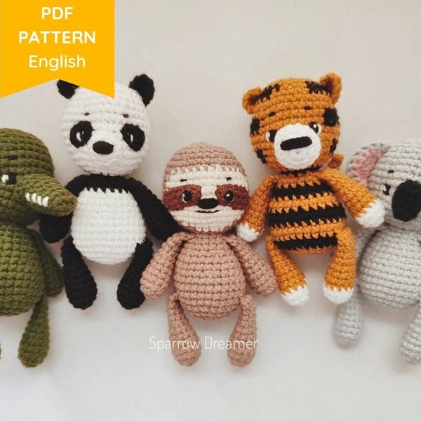 Crochet PATTERNS Jungle animals Bundle 5-in-1 in English Amigurumi panda Crochet tiger Koala Sloth crochet pattern Amigurumi crocodile