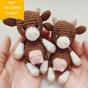 Tiny cow crochet PATTERN, Farm mini animals, Crocheted Amigurumi cow, Easy tutorial in English