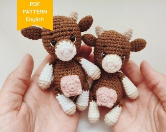 Tiny cow crochet PATTERN, Farm mini animals, Crocheted Amigurumi cow, Easy tutorial in English