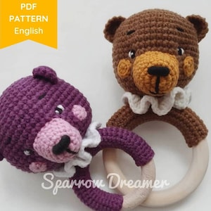 Crochet PATTERN bear baby rattle, Amigurumi bear crochet toy, Easy crochet tutorial, PDF in ENG