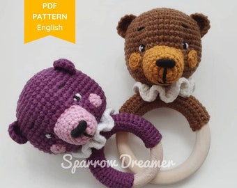 Crochet PATTERN: Bear rattle, Baby rattle, Amigurumi bear toy, Easy crochet tutorial, PDF in ENG