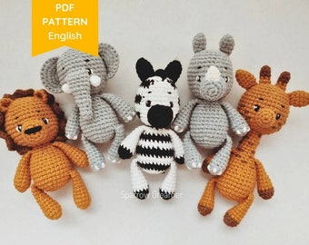 Crochet PATTERNS Safari animals Bundle 5-in-1 Crochet Lion Zebra Giraffe Elephant Rhinoceros PDF Amigurumi Tutorial in English