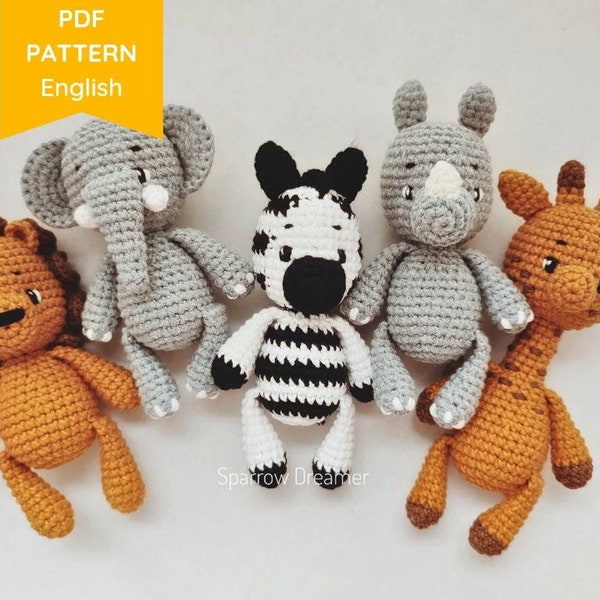 Häkelmuster Safaritiere Bundle 5-in-1 Häkellöwe Zebra Giraffe Elefant Nashorn PDF-Amigurumi-Tutorial auf Englisch