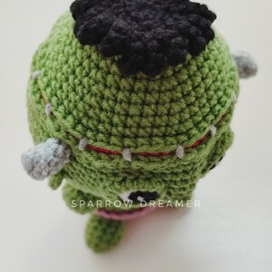 May include: Green crocheted Frankenstein monster toy with black hair, red stitching, and gray ears. The toy has black eyes and a pink mouth. The text "SPARROW DREAMER" is visible on the toy.