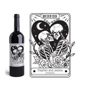 Goth Wedding Wine, Alternative wedding,  Skeleton wedding couple, Tarot wedding, Halloween wedding favors, til death do us part