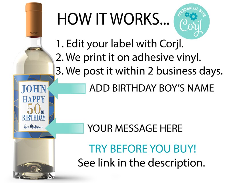 Paper 50th Birthday Gift For Men 50th Birthday Party Decorations 50th Birthday Gift For Him Custom Wine Labels Paper Party Supplies
