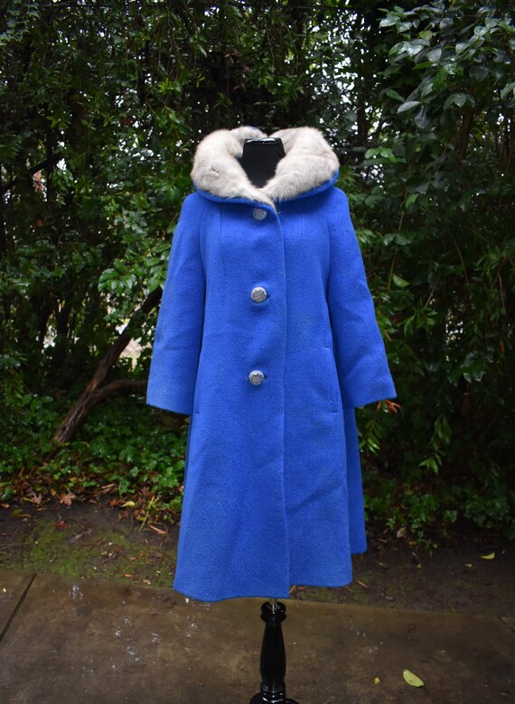 Vintage 1950's Royal Blue Swing Coat with Fur Coll