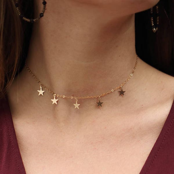 Ras de cou étoiles en or plaqué 14 carats/ Collier or minimaliste / Choker délicat en or/ Bijoux bohèmes