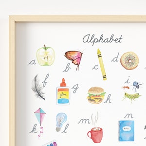 Poster alphabet Montessori, affiche phonétique des lettres, aquarelle, impression alphabet pour enfants, impression d'art mural pour chambre d'enfant