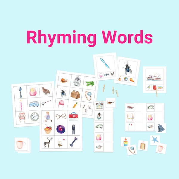 Rhyming Words Activities - Montessori Cards Rhyming Games - Rhyming Match Pictures - Rhyming Cards Montessori - Toddler Learning - Clip Card