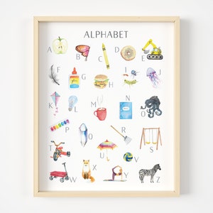 Póster del alfabeto listo para enmarcar, póster de acuarela con el alfabeto, impresión del alfabeto para niños, póster para guardería, arte de pared para niños, póster Montessori con letras