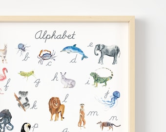 Animal Alphabet Poster – Montessori Cursive Letter Sounds (Digital Download)