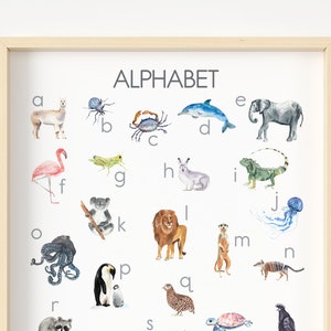 Póster de animales en acuarela del alfabeto, póster de fonética, arte de pared para niños, póster Montessori para aulas de niños pequeños, listo para enmarcar
