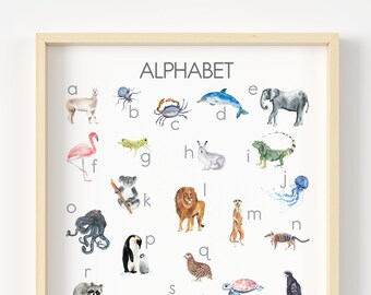 Watercolor Animals Alphabet Poster – Montessori Nursery Decor (Digital Download)
