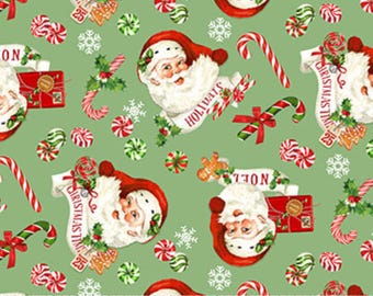 Peppermint Candy Digital Print 24624-74 Santa's on Green by Michel Designs for Northcott Fabrics