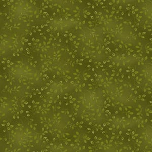 May include: A fabric with a repeating pattern of small, light green leaves and vines on a darker olive green background. The leaves are detailed with subtle shading, creating a textured appearance. The overall design has a natural, organic feel.