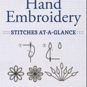 May include: A book cover titled "Hand Embroidery" with stitch diagrams and colorful embroidery floss at the top. The book is a "Carry-along reference guide" by Janice Vaine, featuring step-by-step stitch instructions.