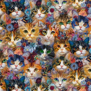 May include: A vibrant, colorful pattern featuring numerous cat faces interspersed with floral elements. The cats display a variety of fur colors, including orange, black, white, and tabby, with green, blue, and yellow eyes. The flowers are in shades of blue, purple, orange, and pink.