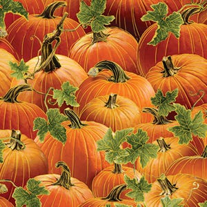 May include: A repeating pattern of orange pumpkins with green leaves and brown stems. The pumpkins have a ribbed texture and are arranged closely together, creating a fall harvest theme.