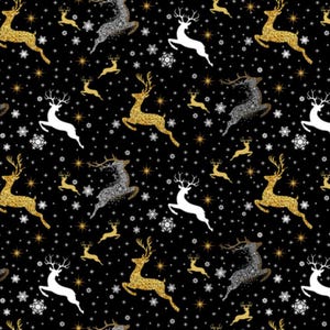 May include: A seamless pattern featuring gold and silver glitter reindeer silhouettes on a black background. The reindeer are in a leaping pose with their antlers raised. The background is dotted with small gold stars and white snowflakes.