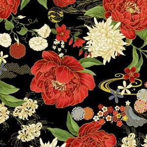 May include: A seamless pattern featuring large red peonies with gold outlines, white chrysanthemums, and smaller red and white flowers on a black background. Green leaves and stylized gold accents complete the floral design.