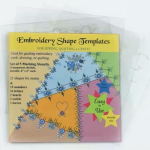 May include: A package of embroidery shape templates for sewing, quilting, and crafts. The package includes five transparent, flexible, and durable stencils, each measuring 6" x 6". The templates offer 25 shapes for seams, 10 numbers, 26 letters, 2 hearts, 3 swirls, and 3 leaves.