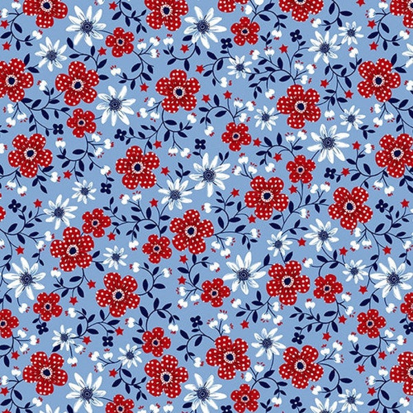 Star Spangled Daisies and Red Flowers on Blue 7481-11 by Sharon Lee for Henry Glass Fabrics