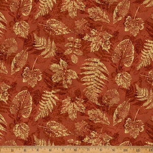 Blue Jay Song Gold Metallic Leaves on Rust Textures Background W5356-39G from Hoffman Fabrics